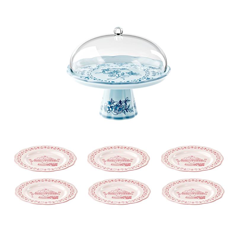 CAKE STAND WITH DOME AND 6 COORDINATED DESSERT PLATES "JOSEPHINE"