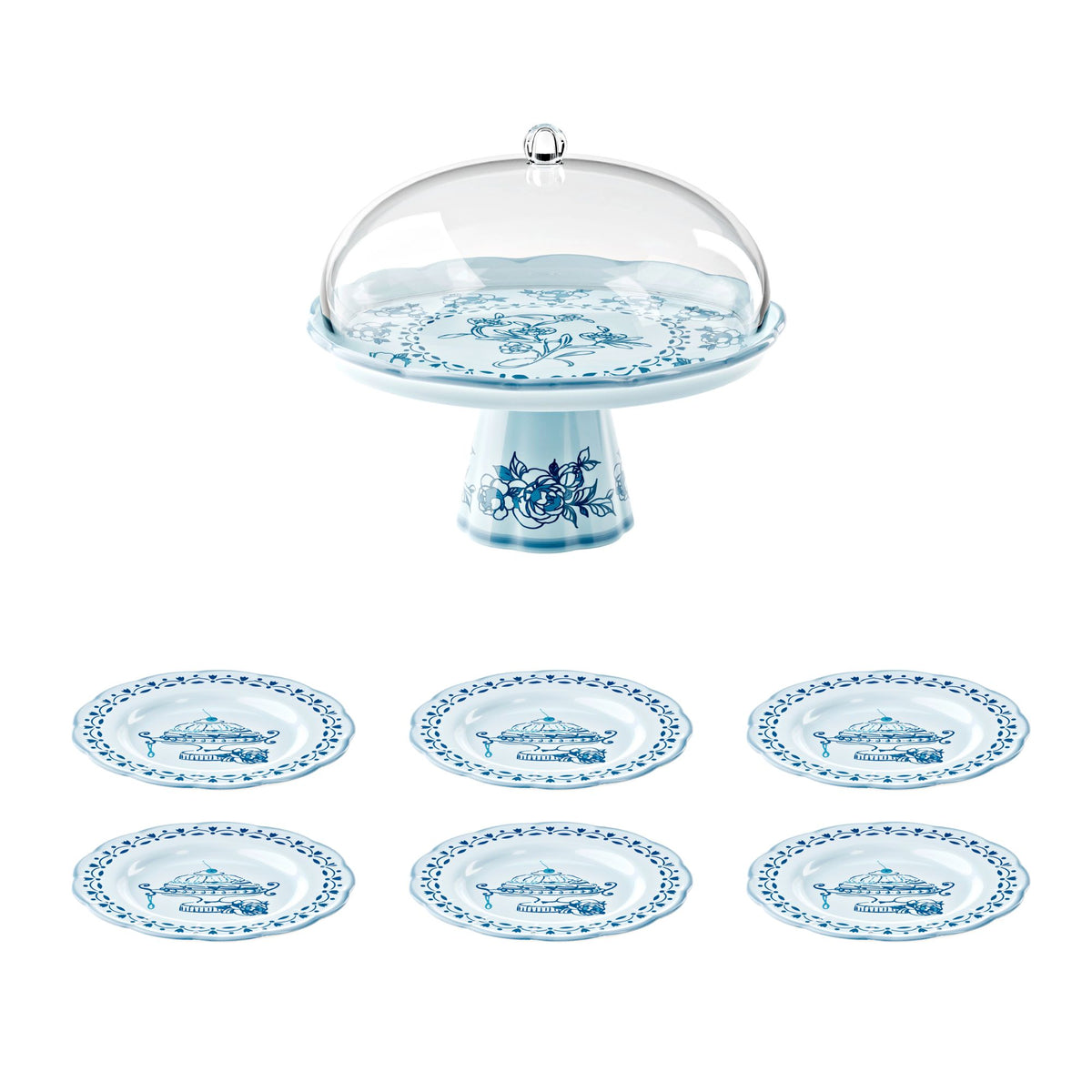 CAKE STAND DOME 6 COORDINATED DESSERT PLATES "JOSEPHINE"