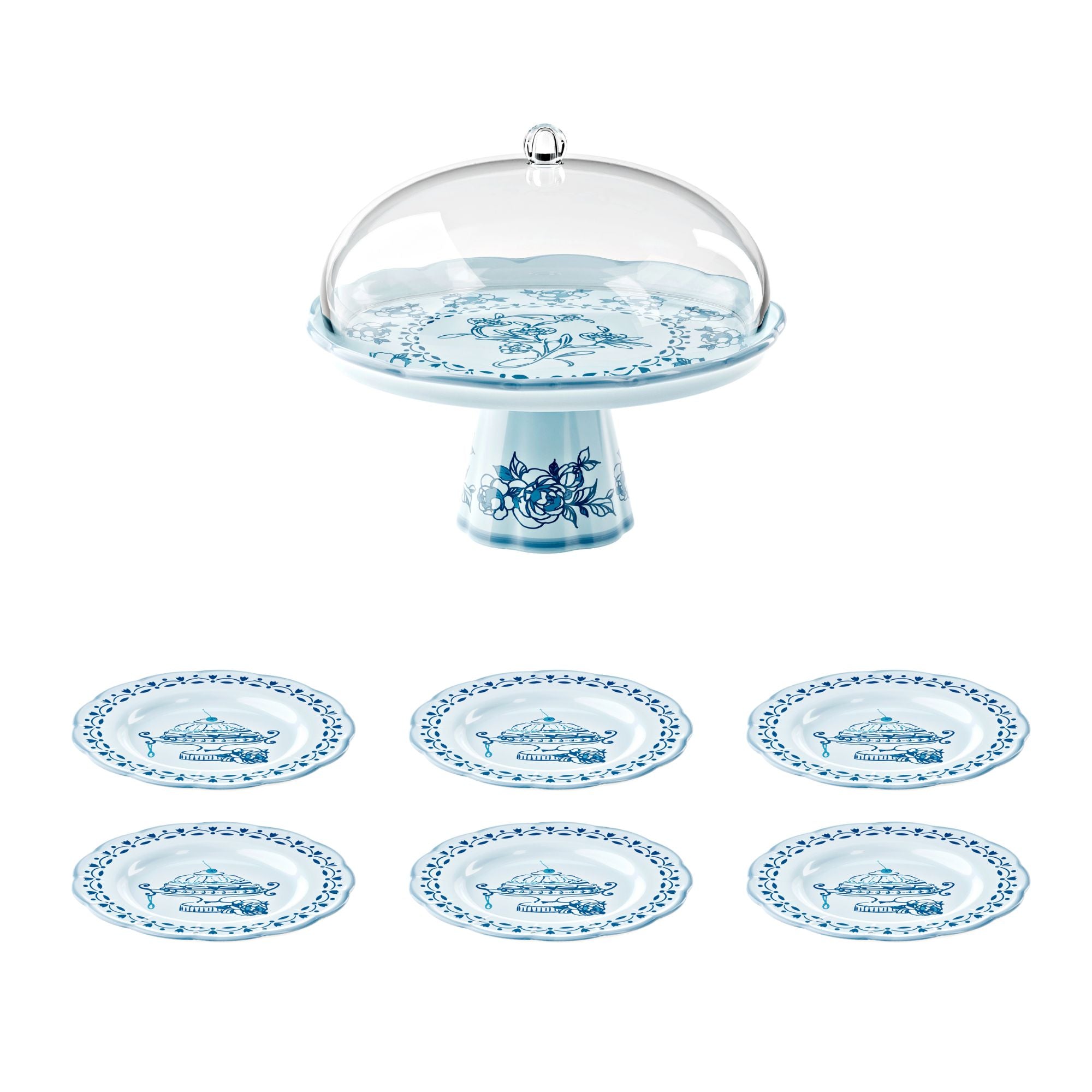 CAKE STAND WITH DOME AND 6 COORDINATED DESSERT PLATES "JOSEPHINE"